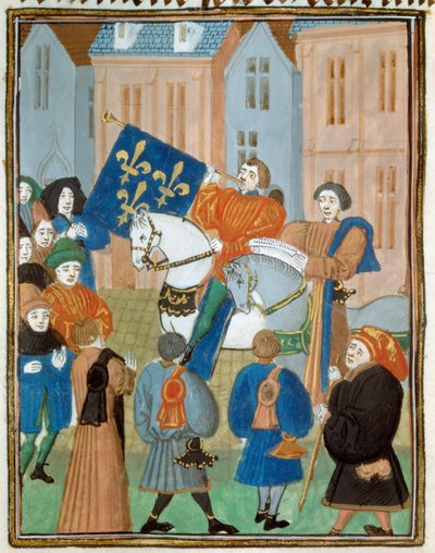 A béke kikiáltása Reimsben 1435. október 2-án, miután VII. Károly király és III. Jó Fülöp burgundiai herceg aláírta az Arras-i szerződést, amely véget vetett az armagnácok és a burgundok közötti polgárháborúnak. Miniatűr a "" Kings and quee-ból alkotó: Unknown artist