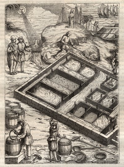 Só előállítása tengervíz sótartókban történő elpárologtatásával. Georgius Agricola (Georg Bauer) „” De re metallica”-ból. (Basel 1556) - Sótermelés: a nagy tálakba öntött tengervíz elpárolog és sóraktárt hagy el. Metszet a „De re metallica”-ból, G alkotó: Unknown artist