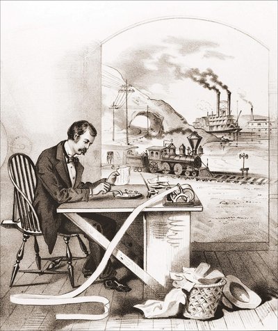 Század előrehaladása (XIX. század): Morse-távirat, Hajnali csónak, Vonat stb.. Metszet a XIX. alkotó: Unknown artist