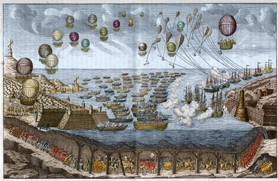 I. Napóleon 1803-as támadási (inváziós) terve Anglia ellen – francia csapatok sétálnak át a Csatorna-alagúton, miközben hajók és léggömbök támadnak tengeren és légi úton – 1803-as metszet alkotó: Unknown artist