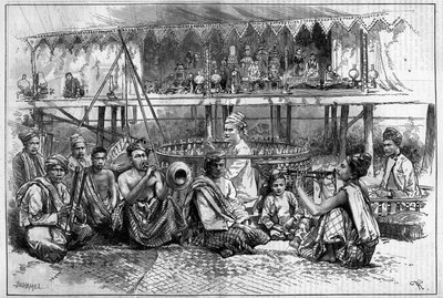 Bábszínház zenészekkel Burmában, metszet a „The Illustrous World”-ben alkotó: Unknown artist