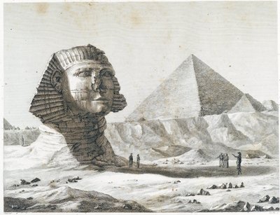Gízai piramisok: kilátás a Szfinxre és a Nagy Piramisra, délkelet felől - „Egyiptom leírása” című részben, Imperial Editions alkotó: Unknown artist