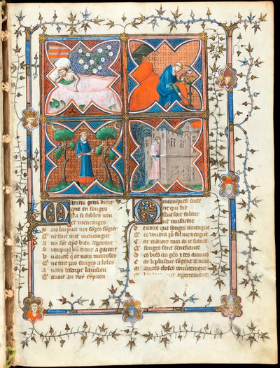""Négy különböző tevékenységekkel elfoglalt férfi"" megvilágított oldal Guillaume de Lorris (1200-1238 körül) és Jean de Meun (Meung) (1240-1305) "Le Roman de la Rose"" kéziratából 1353 körül Svájcban, Genfi Könyvtár alkotó: Unknown artist