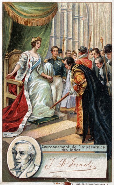 Viktória angol királynő 1877-ben megkoronázta az indiai Imperatrice-t Benjamin Disraeli (1804-1881) brit író és politikus támogatásával. századi kromolitográfiája. alkotó: Unknown artist