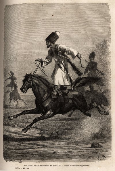 Kozákok versenye, nyeregben állva egyensúlyban mászások, lovasok ostorozzák lovaikat, hogy vágtázzanak. Basile Vereschaguine 1864-1865-ben a Kaukázus tartományaiban tett utazást illusztráló metszet, megjelent a „” Le tour du monde, nouvea alkotó: Unknown artist