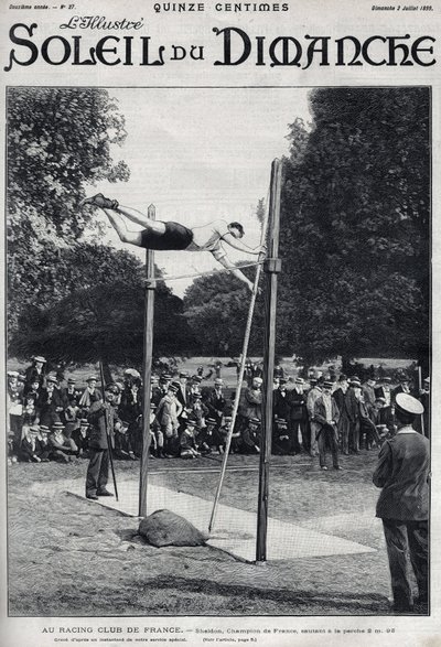 francia versenyklub. Sheldon, Franciaország bajnoka 2,95 m-t ugrik a la Perche-re. Metszet a „Le sun-du-dimanche”-ban, július 2 alkotó: Unknown artist