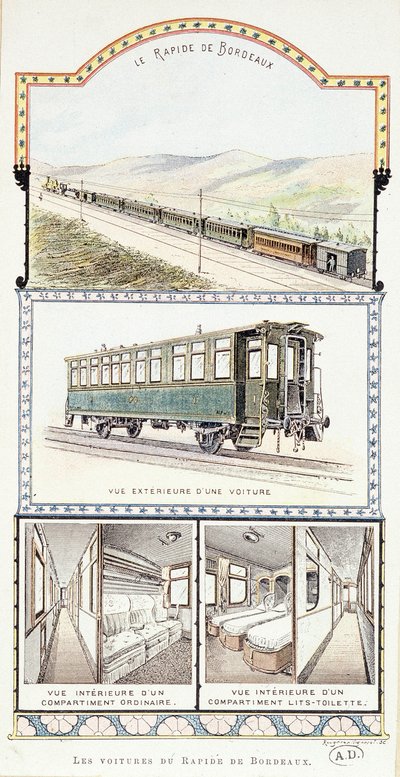 Orléans-i vasutak: a Bordeaux Rapid autók külső és belső képe alkotó: Unknown artist