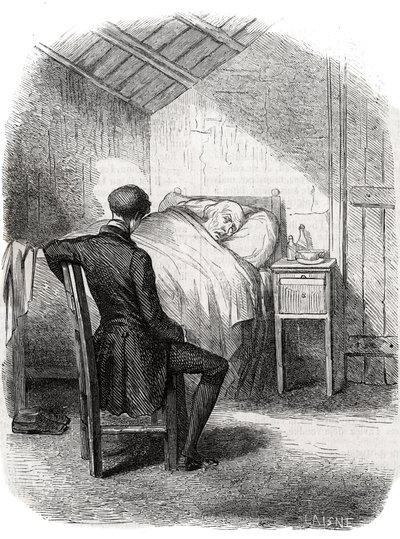 Rastignac egyedül maradt az öreg mellett, az ágy lábánál ülve... Metszet 19. század közepe. Illusztráció Honore de Balzac (1799-1850) „The Father Goriot”-hoz. alkotó: Unknown artist