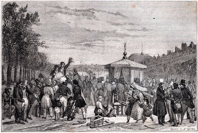 A Moniteur újságban megjelent ítéletek felolvasása a párizsi királyi palota kertjében 1830. július 26-án a polgárháború idején – 1830. évi forradalom – alkotó: Unknown