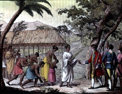 Samuel Wallis navigátor átvétele Oberea királynőtől Tahitin. „” Cook navigációi, Milánó alkotó: Unknown artist