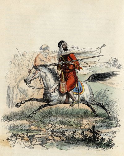 Abd-el-Kader emír vörös lovasai a francia hadsereg lován ülő vadászok elől menekültek Orannál 1841-ben, Leon Galibert „L