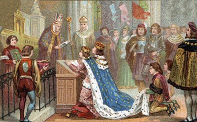 Bretagne kapcsolata Franciaországgal: XII. Lajos (1462-1515) feleségül vette Anne de Bretagne-t (1477-1514). Házasságuk újra egyesítette Bretagne-t Franciaországgal (1499). A 19. század végének kromolitográfiája. alkotó: Unknown artist