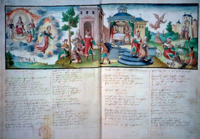 Vallási Színház: „Szenvedély és feltámadás”” Valenciennes-ben játszották 1547-ben. Kéziratos oldal akvarellel, Paris, B.N. alkotó: Unknown artist
