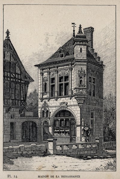 Reneszánsz ház – 1889-es metszet az „Emberi lakhatás története az 1889-es egyetemes kiállításon, Charles GARNIER úr – Librairie centrale des beaux-arts Paris 1889 című könyvében alkotó: Unknown artist