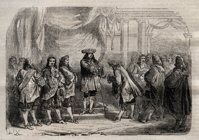 Rene Duguay Trouin (Duguay-Trouin) (Rene Trouin du Gue dit) (1673-1736) átveszi Szent Lajos keresztjét XIV. Lajos király kezéből – „” Dictionnaire populaire illustrious” metszet – 1864 – Joseph Decembre és Edmond Allonier - alkotó: Unknown artist