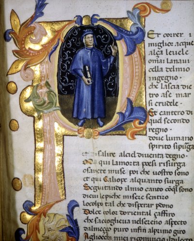Dante Alighieri (1265 - 1321) költő lettrinája, miniatűr 14. század. alkotó: Unknown artist