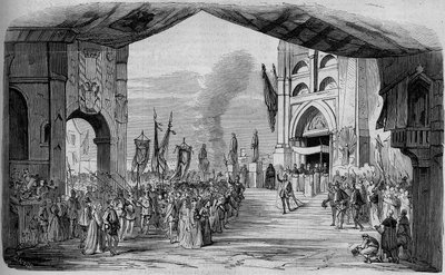 A Don Carlo (Don Carlos) Opera bemutatása 5 felvonásban Giuseppe Verditől a Párizsi Operában 1867. március 11-én. A car da fe, 3. felvonás, Cambon és Thierry dekorációja. Metszet 1867-ből. alkotó: Unknown artist