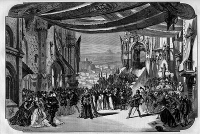 A Don Carlo (Don Carlos) Opera bemutatása 5 felvonásban Giuseppe Verditől a Párizsi Operában 1867. március 11-én. Neuville rajzán a harmadik felvonás, negyedik festmény, IX. alkotó: Unknown artist