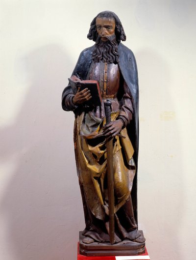 Szent Pál ábrázolása, aki könyvet tart a kezében. Polikróm faszobor. 15. század. Chartres, Szépművészeti Múzeum alkotó: Unknown artist