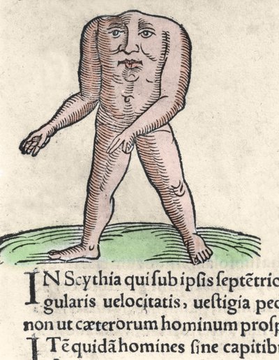 A Blemmyi törzs egy tagjának ábrázolása Núbiában, Fej, nyak és arc nélkül írja le Plinius törzsén a „Prodigiorum ac ostentorum chronicon” című egykori metszetet Conrad Lycosthenes (1518-1561). 1557. alkotó: Unknown artist