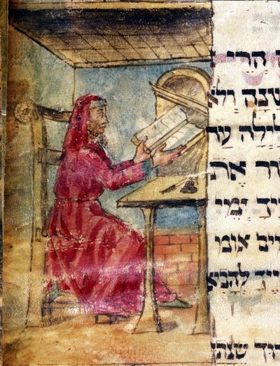 A szentírásokat tanulmányozó rabbi ábrázolása. miniatűr a 15. századi kéziratból. Biblioteca Estense Modena alkotó: Unknown artist