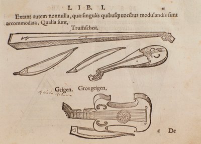 Vonós hangszerek és íjász ábrázolása. Az oldal a Musurgia zenei gyakorlati kézikönyvből származik alkotó: Unknown artist