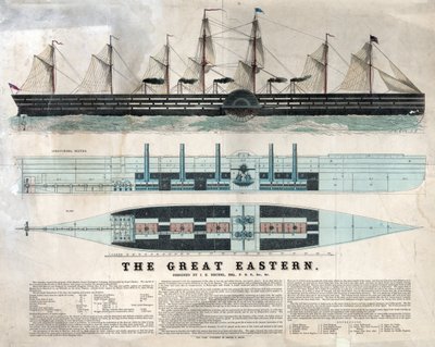 Az Isambard Kingdom Brunel által 1858-ban felavatott Great Eastern brit hajó ábrázolása, az első óriási vonalhajó, amelyet 1858-ban terveztek - az Isambard Kingdom Brunel által tervezett nagy keleti vasvitorlás gőzhajó - alkotó: Unknown artist