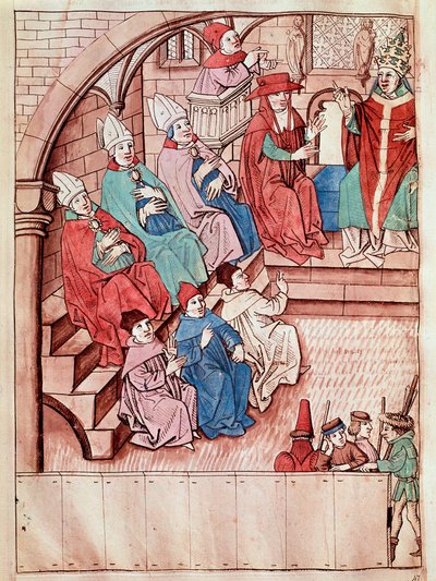 Az 1414 és 1418 közötti konstanzi zsinat ábrázolása, felül V. Márton pápa (a konstanzi zsinat látképe, kb. 1417) Miniatűr Ulrich Richental (1360-1437) „Konstanzi zsinat krónikájából” 1438, körülbelül Prága, Nati alkotó: Unknown artist