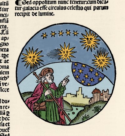 Arisztotelész (Kr. e. 384-322) görög filozófus ábrázolása, amely a csillagokat jelzi. Metszet a fizika útjáról "Arisztotelész rövidített szövege a fizika nyolc könyvéről és az egész természetfilozófiáról" Thomas Bricot (megh. 1516). 1496 alkotó: Unknown artist