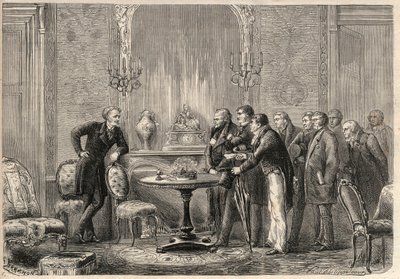 Honore de Balzac (1799-1850) „” Mercadet” (Le Faiseur) című darabjának bemutatása a Comedie Francaise-ban. III. felvonás, VI. jelenet. Metszet a „L