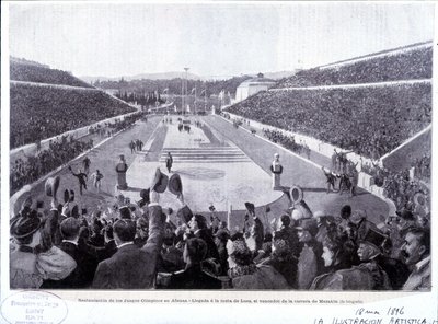 Az athéni olimpiai játékok helyreállítása: Lues, a maratoni győztes érkezése alkotó: Unknown artist