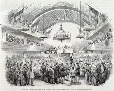 1848-as forradalom: Brotherhood Hall, Rue Martel, az elnök elnapolta az ülést a biztos bejáratánál a teremben alkotó: Unknown artist