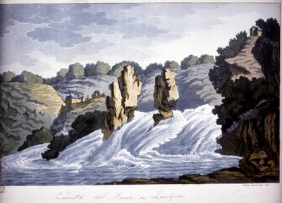 Rajnai vízesés Laufenben, Németországban. század elejéről származó metszet. alkotó: Unknown artist