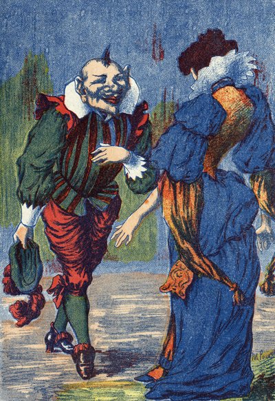 Riquet ismét bemutatkozik a hercegnőnek. Illusztráció a „Riquet a la houppe”-hoz, Charles Perrault (1628-1703) francia író meséje. Névtelen illusztráció. Képek Marcel Vagne, Jarville Nancy, dátum nélküli (19. század vége). alkotó: Unknown artist