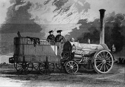 Robert Stephenson mozdonya a Liverpoolból Manchesterbe vezető vasúthoz 1831-ben – metszet alkotó: Unknown artist