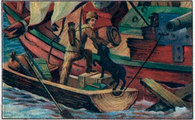 Robinson meglátogatja a törmeléket. Illusztráció Daniel Defoe (De foe) „” Robinson Crusoe”” című könyvéhez. A 19. század végének kromolitográfiája. alkotó: Unknown artist