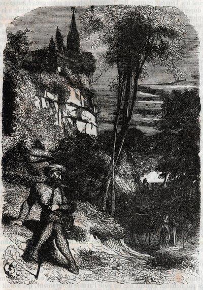 Rodomont, Izabella és az Öreg Remete – 1851-es metszet a „Dühös Roland” (Orlando furioso) című művéből (16. század), Ludovico Ariostotól, Ariosto néven ismert – Tressan gróf olasz nyelvről fordított kiadása, Gustave Harvard 1851. alkotó: Unknown artist