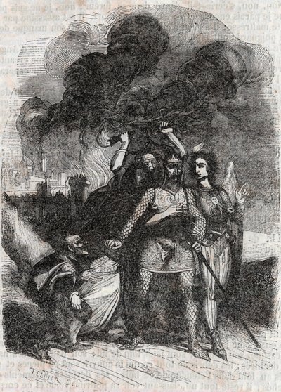 Rodomont elhagyja Párizst – Ludovico Ariosto 1851-es metszete „Roland furieux”-tól (Orlando furioso) (16. század), Ariosta néven ismert – Tressan gróf olasz nyelvről fordított kiadása, Gustave Harvard 1851. alkotó: Unknown artist