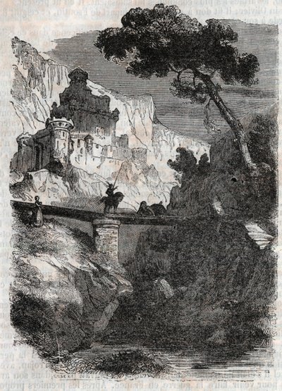 Rodomont legyőzte Bradamante – 1851-es metszet a „Dühös Roland”-ból” (Orlando furioso) (16. század), Ludovico Ariostotól, Ariosto néven ismert – Tressan gróf olasz nyelvről fordított kiadása, Gustave Harvard 1851. alkotó: Unknown artist