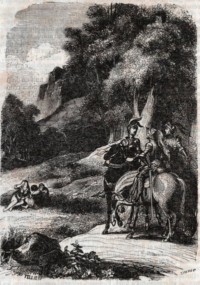 Roger (Ruggero, Ruggiero), Marphise (Marfisa) és a három nő - metszet 1851-ből Ludovico Ariostotól (16. század) "" Roland furieux" (Orlando furioso) -tól, Ariosto néven - A kiadás olaszból fordította Tressan grófja és kiadta alkotó: Unknown artist