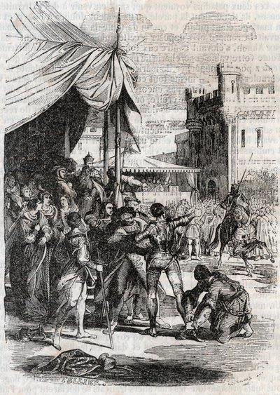 Roger (Ruggero, Ruggiero) dacol a csatában Rodomont (Rodomonte) által – 1851-es metszet Ludovico Ariostotól (Orlando furioso) „Dühös Roland”-ból (16. század), az Ariosta néven ismert – A kiadás olasz nyelvről fordította a gróf Tressan és közzé alkotó: Unknown artist