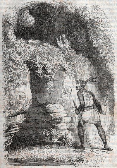 Roland megtalálja Medor (Medoro) és Angelique (Angelica) alakját – 1851-ben készült metszet Ludovico Ariosto „Dühös Roland”-ból” (Orlando furioso) (16. század), Ariosta néven ismert – A kiadás olasz nyelvről fordította a gróf Tressan és publis alkotó: Unknown artist