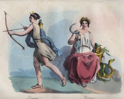 A római mitológia - Diana (Diane), a vadászat istennője és Ceres a mezőgazdaság istennője - metszet a „Szokások és szokások az Univerzum minden népének. Ez a kormányzás, a törvények, a milícia és minden nemzet vallásának története. alkotó: Unknown artist