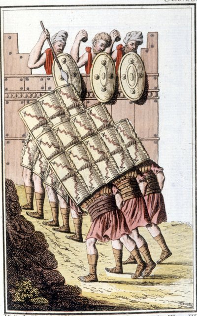 Római katonák (római légió) manővereznek és pajzsaikkal védekeznek. század elejéről származó metszet alkotó: Unknown artist