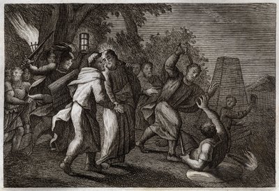 Royaumont Biblia, Újszövetség: Jézus Krisztus letartóztatása vagy Júdás csókja. A katonák azért jönnek, hogy letartóztassák Krisztust az Olajfák kertjébe. Szent Péter levágja egyikük fülét. Illusztráció 1811-ből. alkotó: Unknown artist