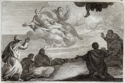 Royaumont Biblia, Újszövetség: Jézus Krisztus mennybemenetele. Krisztust elveszik a mennyből, és megáldják az apotereket, mielőtt eltűnnek a felhőben. Illusztráció 1811-ből. alkotó: Unknown artist