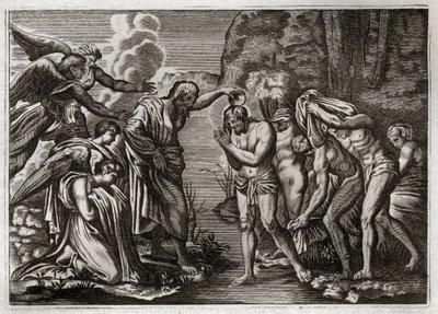 Royaumont Biblia, Újszövetség: Jézus Krisztus keresztelése. Keresztelő Szent János megkereszteli Jézus Krisztust a Jordán folyó vizében. Illusztráció 1811-ből. alkotó: Unknown artist