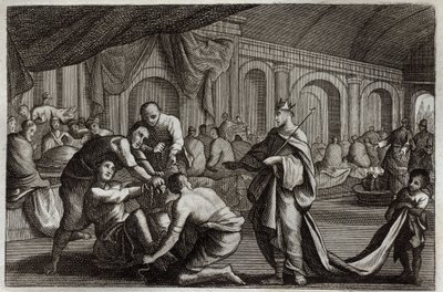 Royaumont Biblia, Újszövetség: Menyasszonyi ruha. Példabeszéd egy királyról, aki fia esküvőjét rendezte, ahonnan visszautasított egy férfit, akinek nem volt menyasszonyi ruhája. Illusztráció 1811-ből. alkotó: Unknown artist