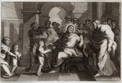 Royaumont Biblia, Újszövetség: Az alázat gyermekmodellje. Jézus Krisztus egy gyermeket ajánl a tanítványainak, mint az alázatos keresztény példaképét. Illusztráció 1811-ből. alkotó: Unknown artist