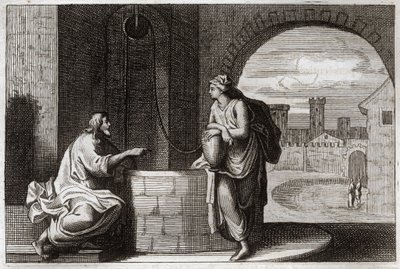 Royaumont Biblia, Újszövetség: Krisztus és szamaritánus a kútnál. Jézus Krisztus megtérít egy szamaritánus asszonyt. Illusztráció 1811-ből. alkotó: Unknown artist